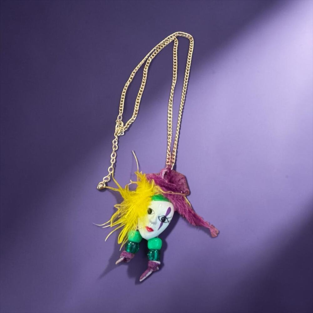 Art Doll Face Necklace Weird Assemblage Pendant 80s 90s Clown Surreal Jewelry